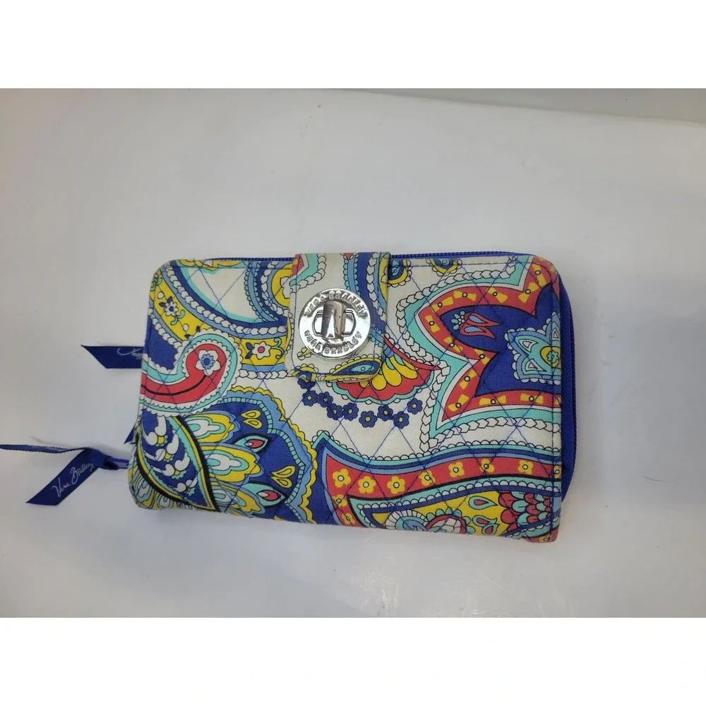 Vera Bradley Wallet Paisley Blue Red Yellow‎ White Zip Around Clutch Purse - Picture 2 of 10